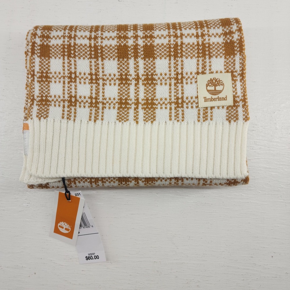 Timberland OS Wheat White Plaid Knit Winter Scarf Outdoor Gorpcore Unisex